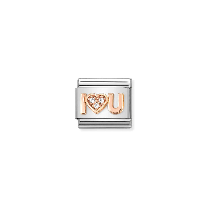 Niche Jewellery Nomination I Heart You charm in stainless steel with rose gold heart and sparkling cubic zirconia.