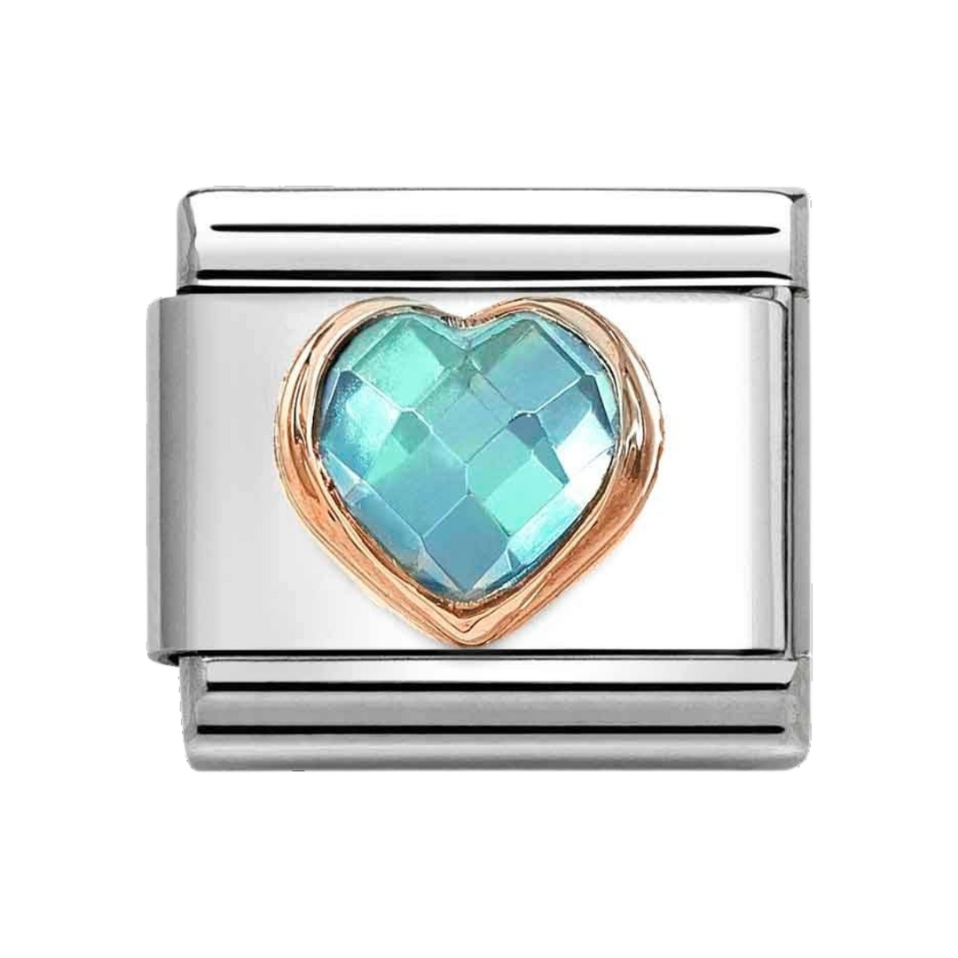 Niche Jewellery Nomination stainless steel link with a rose gold heart setting and faceted light blue cubic zirconia.