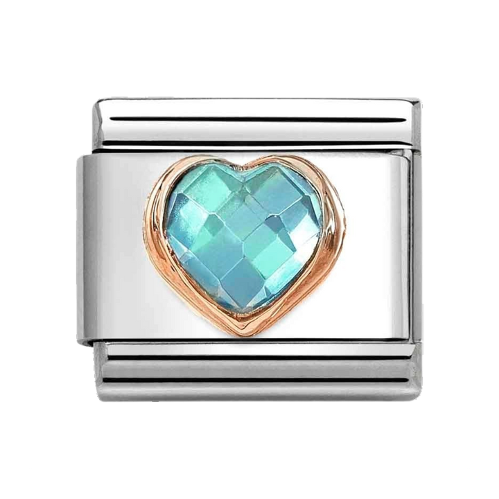 Niche Jewellery Nomination stainless steel link with a rose gold heart setting and faceted light blue cubic zirconia.