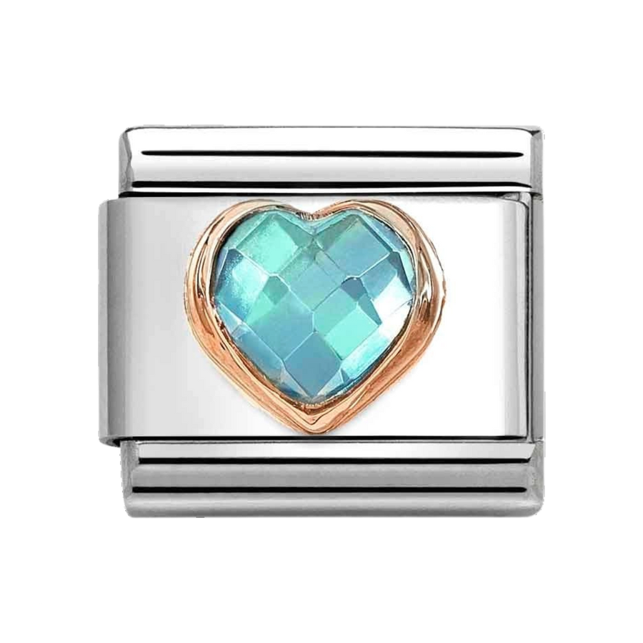 Niche Jewellery Nomination stainless steel link with a rose gold heart setting and faceted light blue cubic zirconia.
