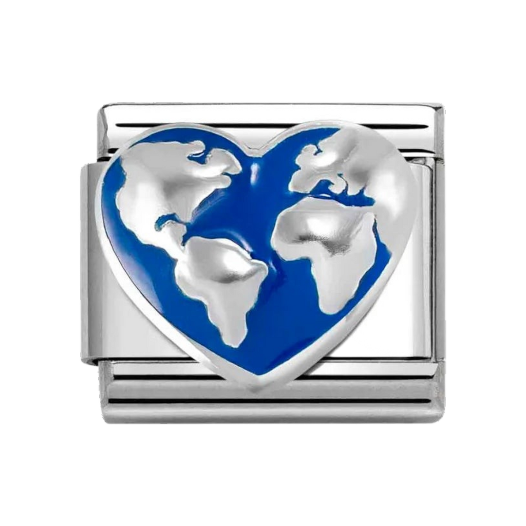 Niche Jewellery Nomination charm featuring a silver heart with a blue enamel globe design for a classic bracelet.