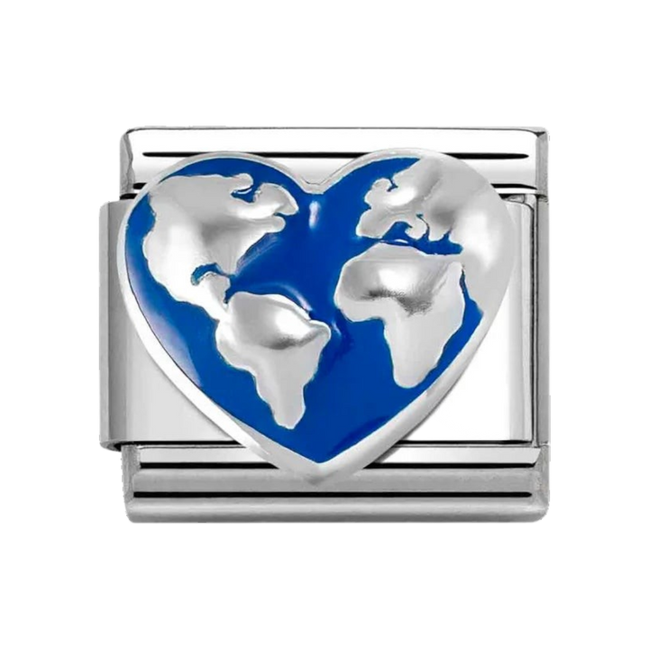 Niche Jewellery Nomination charm featuring a silver heart with a blue enamel globe design for a classic bracelet.