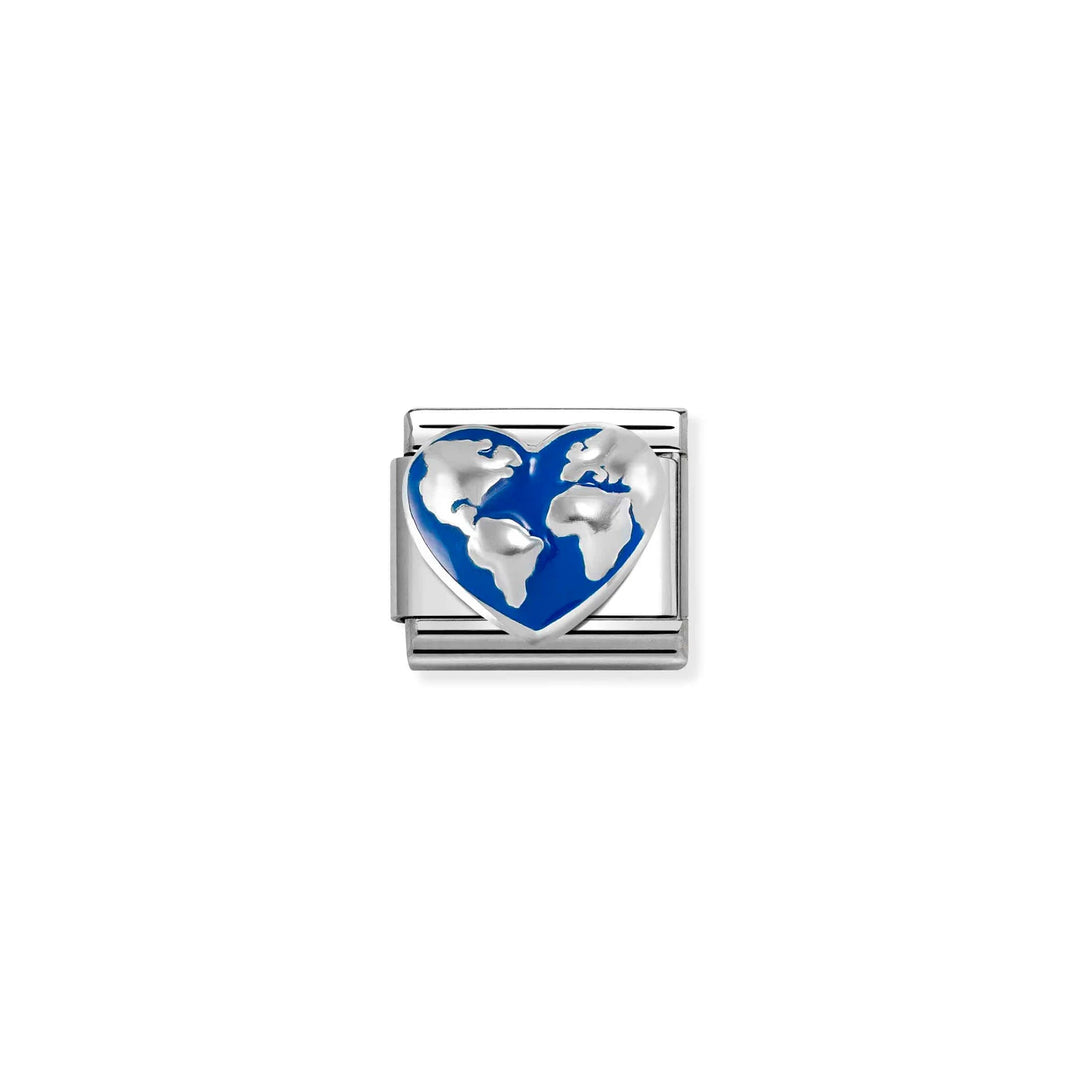 Niche Jewellery Nomination charm featuring a silver heart with a blue enamel globe design for classic bracelets.