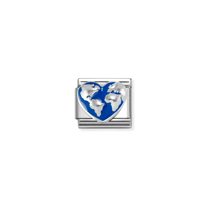 Niche Jewellery Nomination charm featuring a silver heart with a blue enamel globe design for classic bracelets.