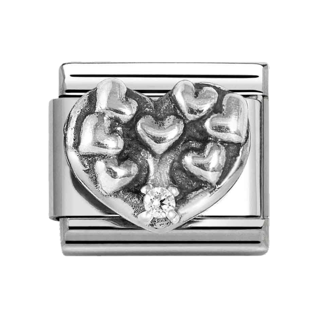 Niche Jewellery Nomination charm featuring a silver heart tree of life design with a sparkling cubic zirconia stone.