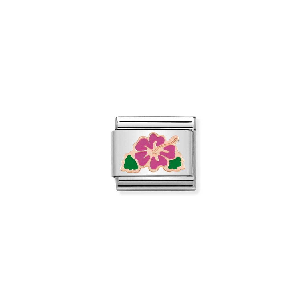Niche Jewellery Nomination rose gold and stainless steel charm featuring a vibrant fuchsia enamel hibiscus flower.