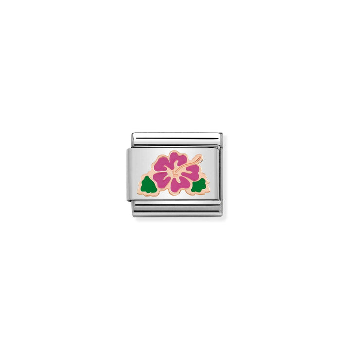 Niche Jewellery Nomination rose gold and stainless steel charm featuring a vibrant fuchsia enamel hibiscus flower.