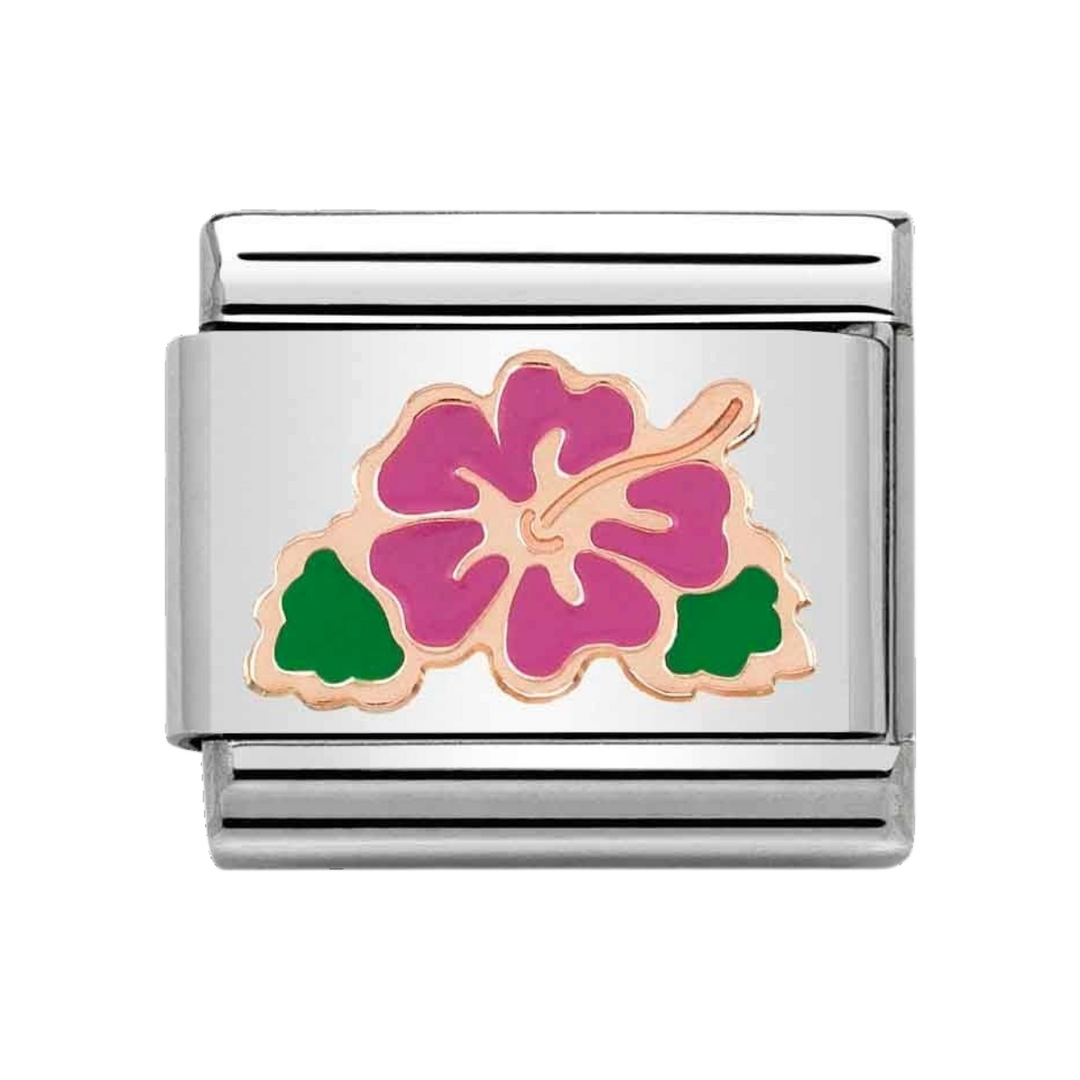 Niche Jewellery Nomination charm featuring a fuchsia enamel hibiscus flower on stainless steel and rose gold links.