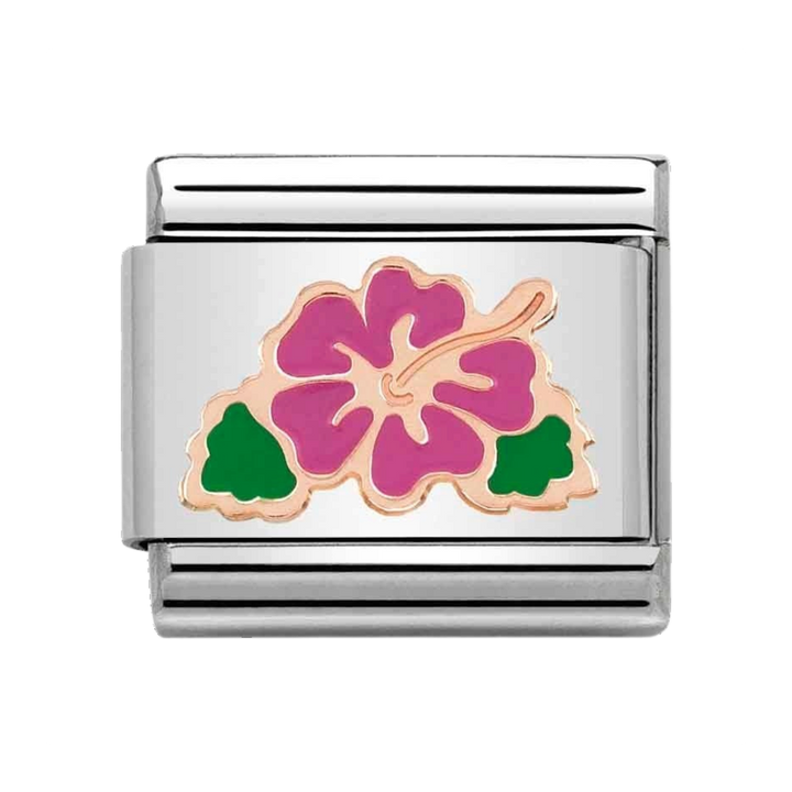 Niche Jewellery Nomination charm featuring a fuchsia enamel hibiscus flower on stainless steel and rose gold links.