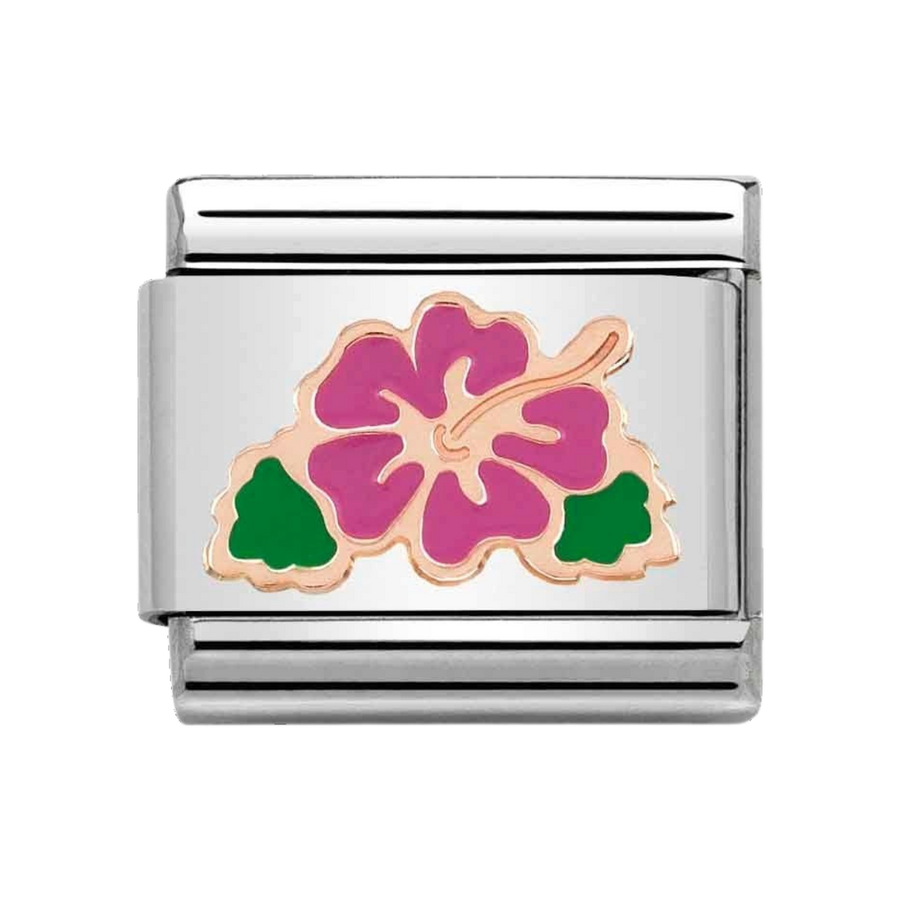 Niche Jewellery Nomination charm featuring a fuchsia enamel hibiscus flower on stainless steel and rose gold links.