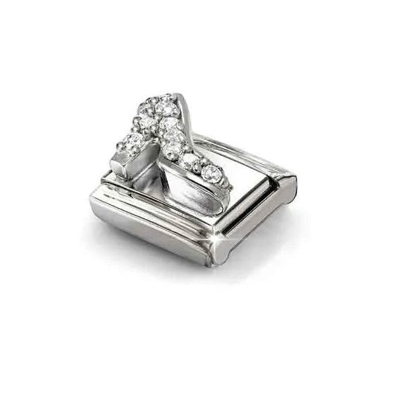 Niche Jewellery Nomination charm featuring a silver high heel shoe with white cubic zirconia on a stainless steel link