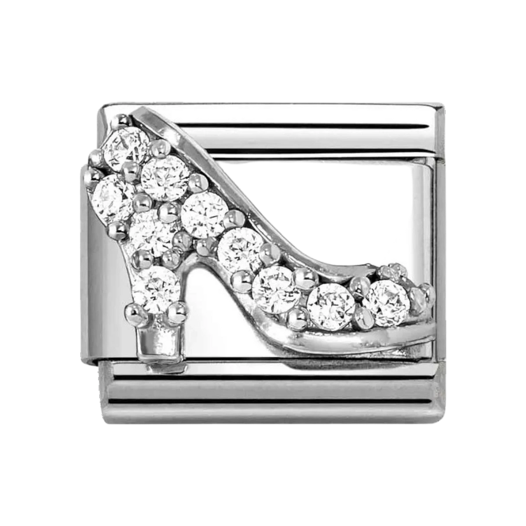 Niche Jewellery Nomination silver high heel charm with white cubic zirconia stones on a stainless steel link.