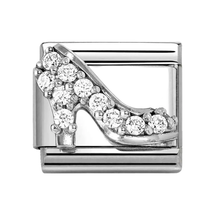 Niche Jewellery Nomination silver high heel charm with white cubic zirconia stones on a stainless steel link.