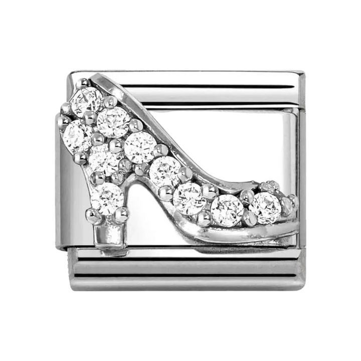 Niche Jewellery Nomination silver high heel charm with white cubic zirconia stones on a stainless steel link.