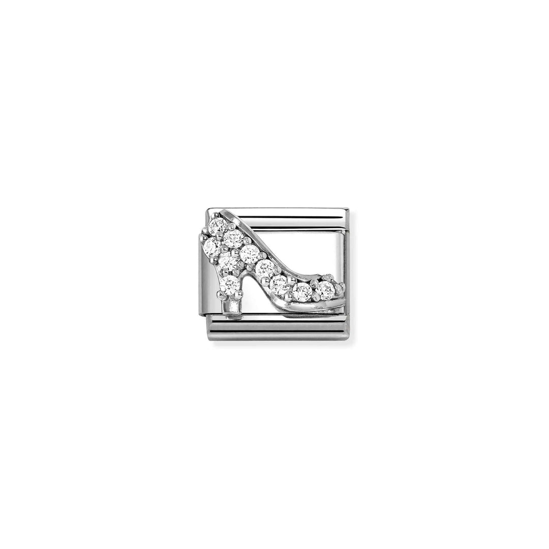 Niche Jewellery Nomination charm featuring a silver high heel design embellished with sparkling cubic zirconia stones.