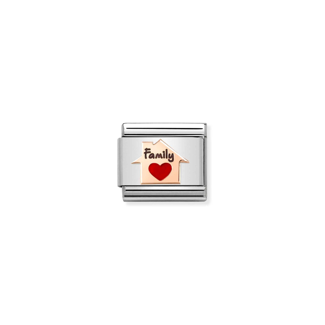 Niche Jewellery Nomination charm featuring a rose gold house, red enamel heart, and Family text on stainless steel.