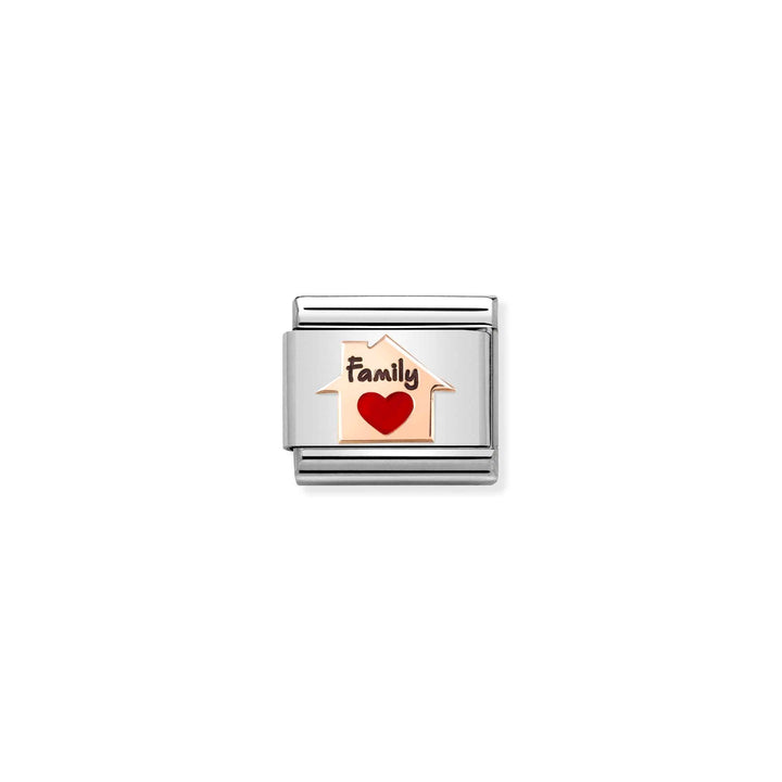 Niche Jewellery Nomination charm featuring a rose gold house, red enamel heart, and Family text on stainless steel.