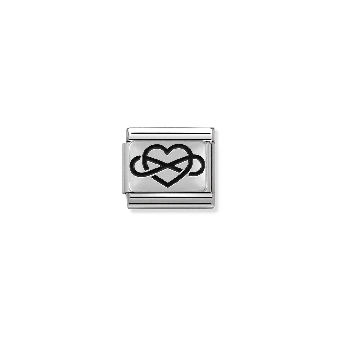 Niche Jewellery Nomination charm featuring an oxidised silver infinity heart symbol on stainless steel link