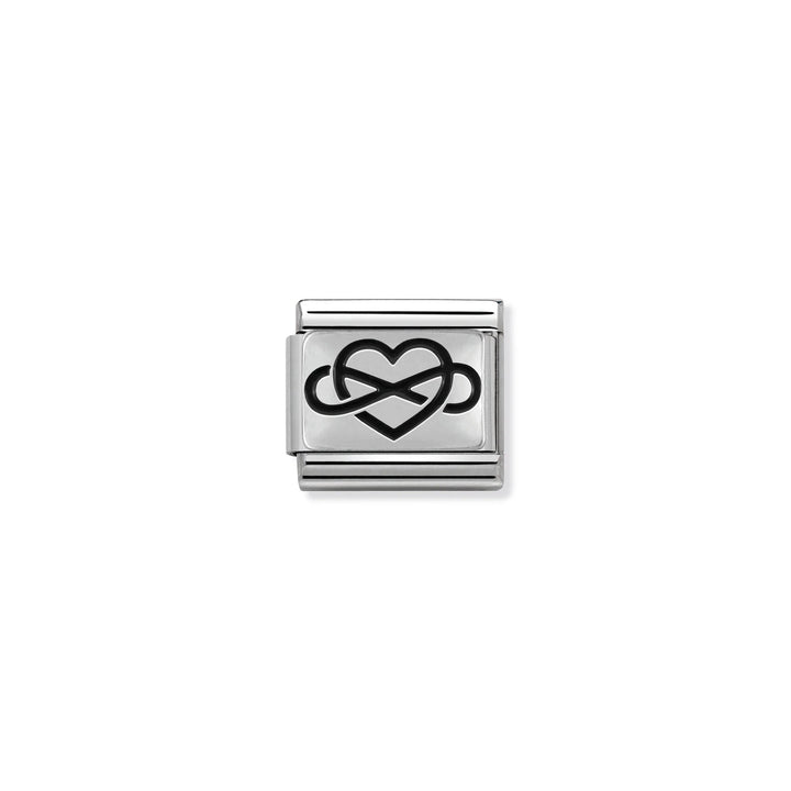 Niche Jewellery Nomination charm featuring an oxidised silver infinity heart symbol on stainless steel link