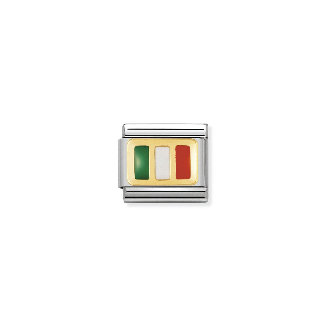 Niche Jewellery Nomination charm featuring the Italian flag in enamel on an 18k gold and stainless steel link.