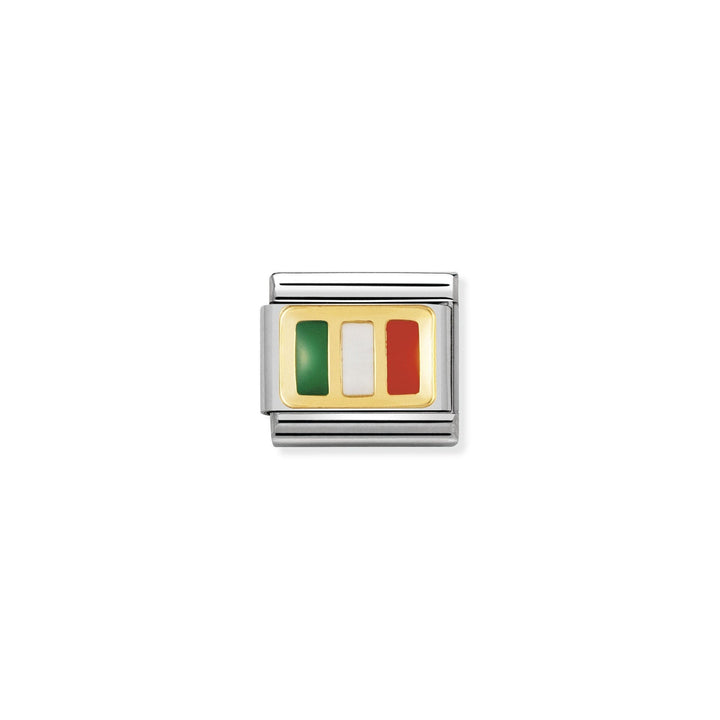 Niche Jewellery Nomination charm featuring the Italian flag in enamel on an 18k gold and stainless steel link.