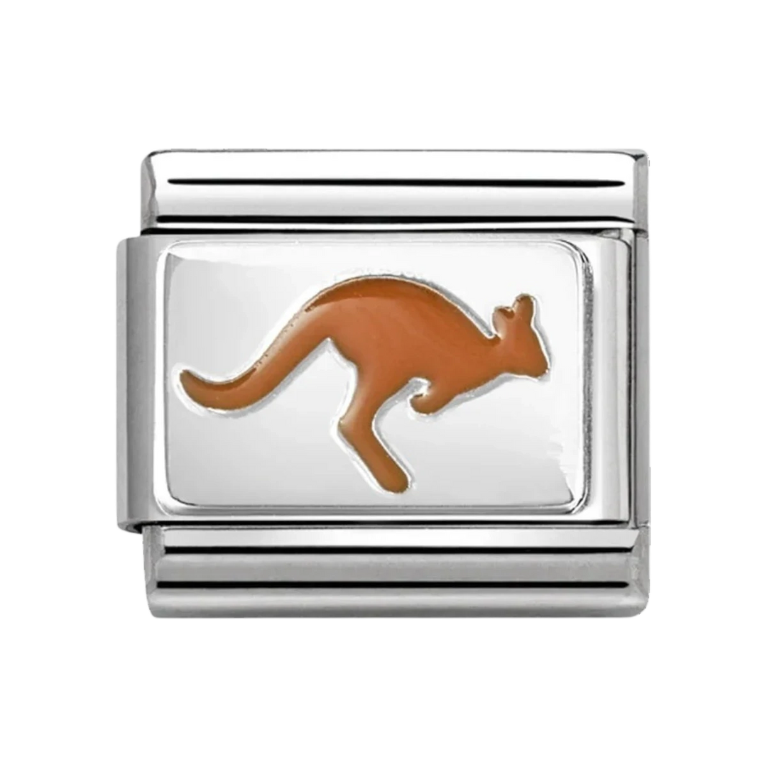 Niche Jewellery Nomination silver charm featuring a brown enamel kangaroo design for a classic bracelet.
