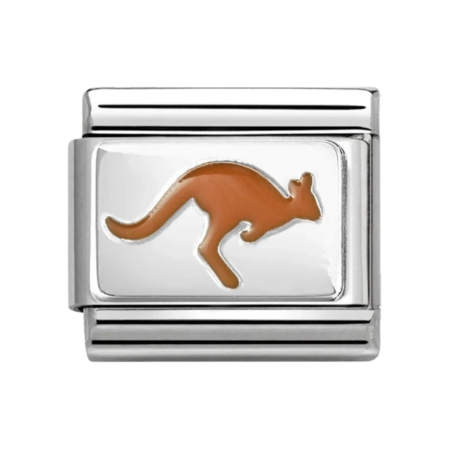 Niche Jewellery Nomination silver charm featuring a brown enamel kangaroo design for a classic bracelet.