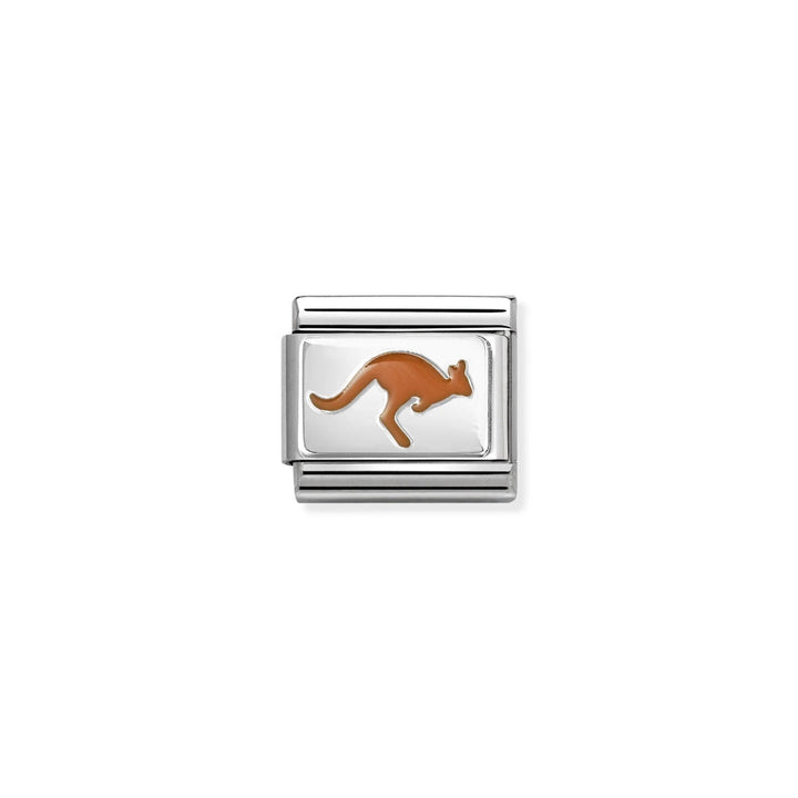 Niche Jewellery Nomination silver charm featuring a brown enamel kangaroo design for classic link bracelets.