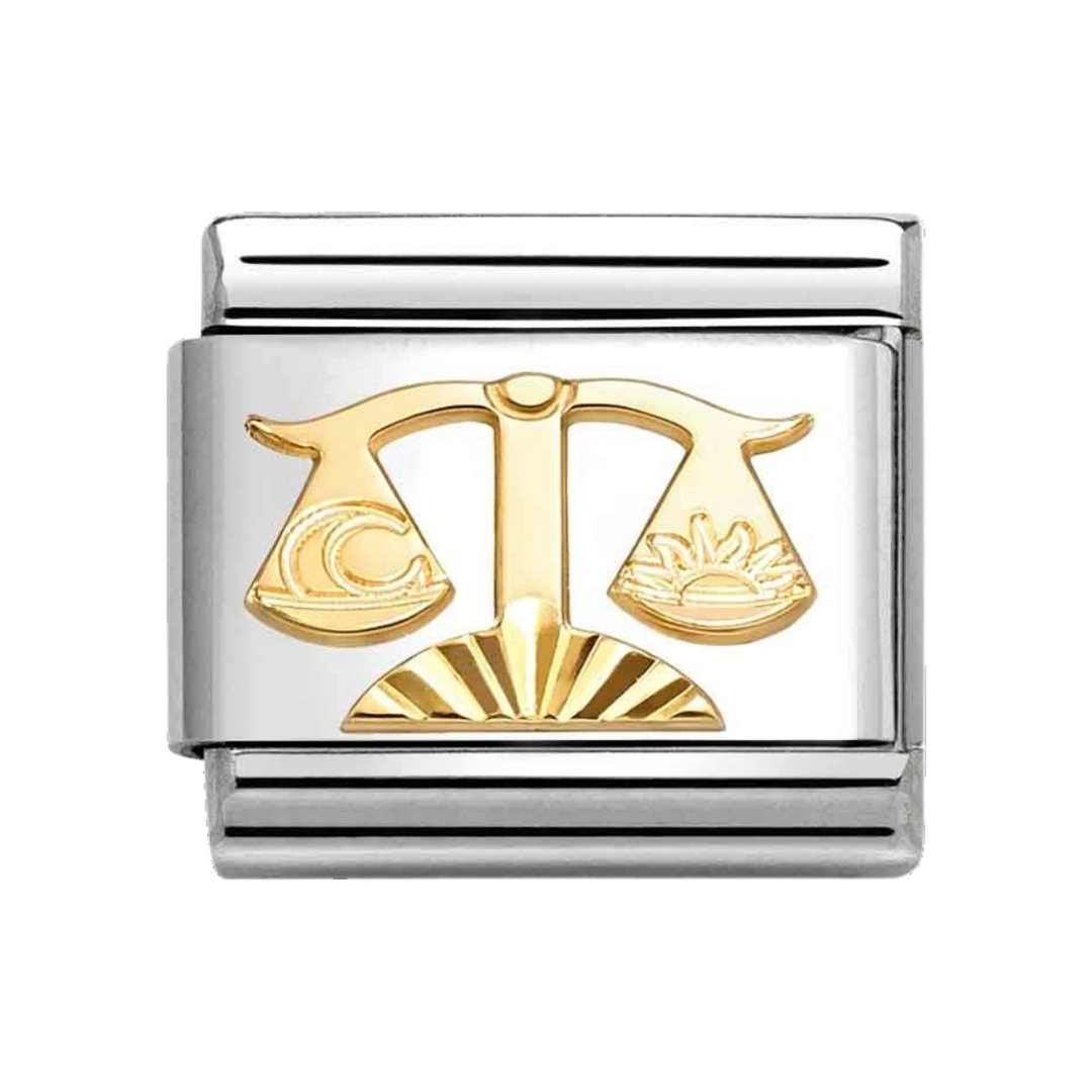 Niche Jewellery Nomination Libra zodiac charm featuring gold scales in a fluted stainless steel bezel