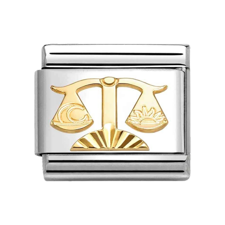 Niche Jewellery Nomination Libra zodiac charm featuring gold scales in a fluted stainless steel bezel
