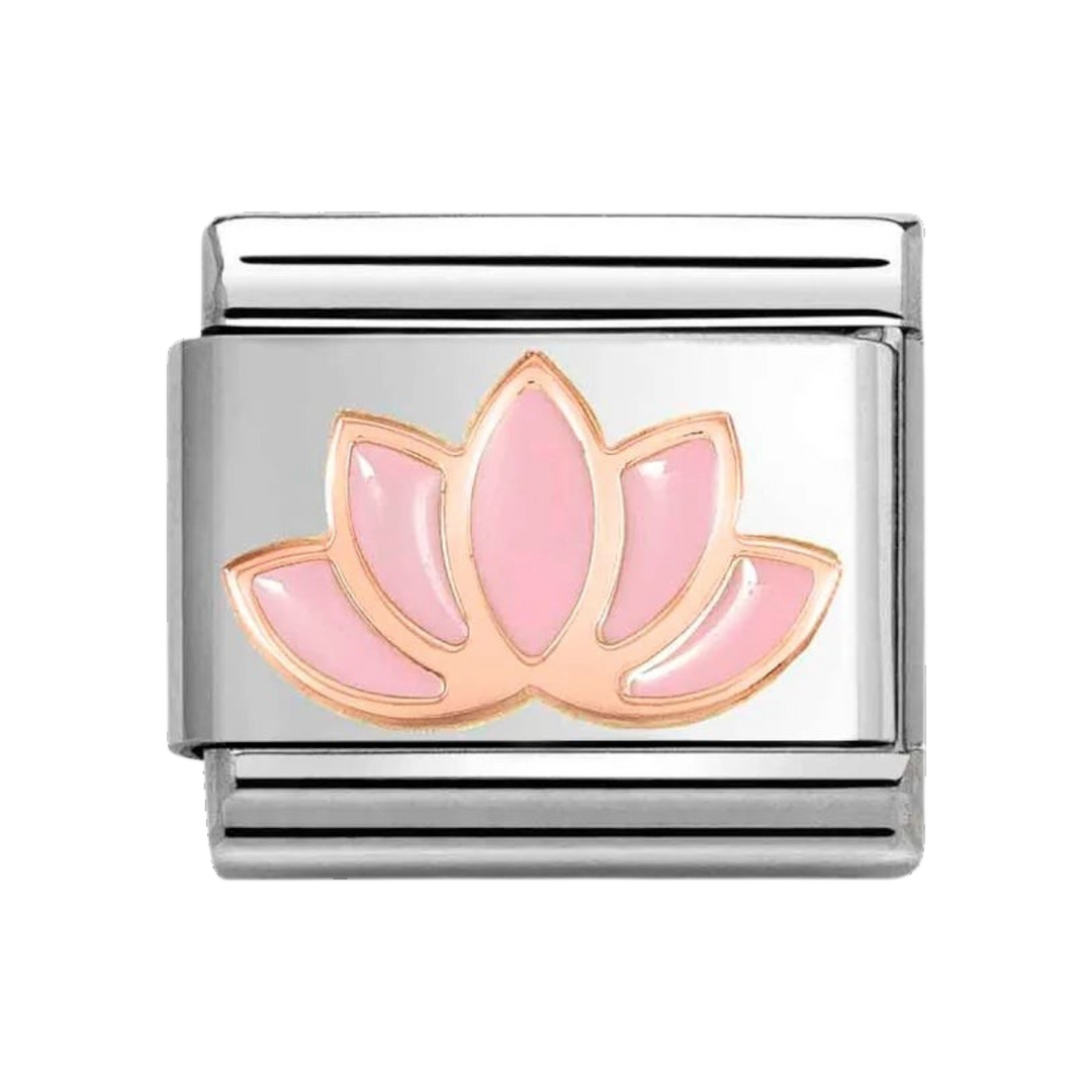 Niche Jewellery Nomination Classic charm featuring a pink enamel lotus flower in stainless steel and rose gold.