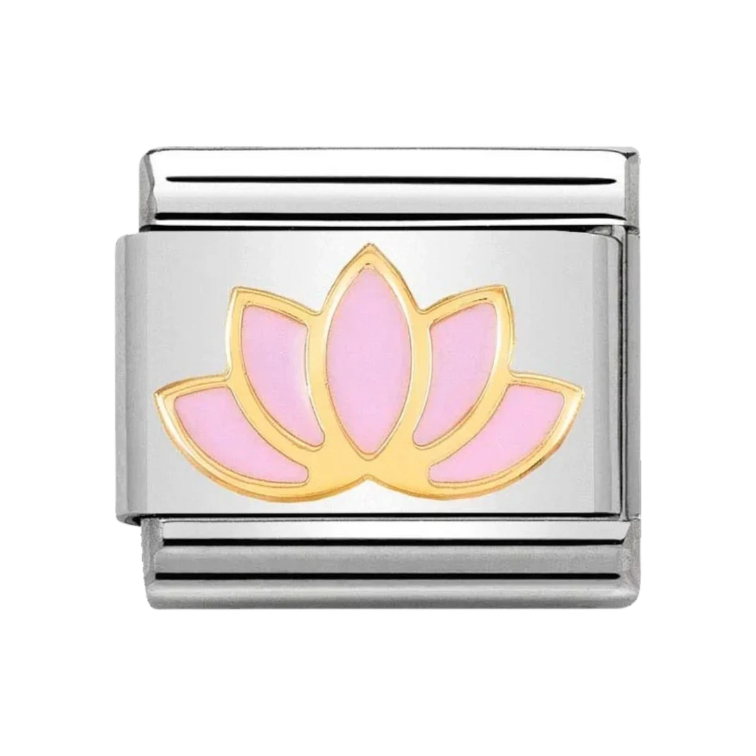 Niche Jewellery Nomination stainless steel charm featuring an 18k gold and pink enamel lotus flower design.