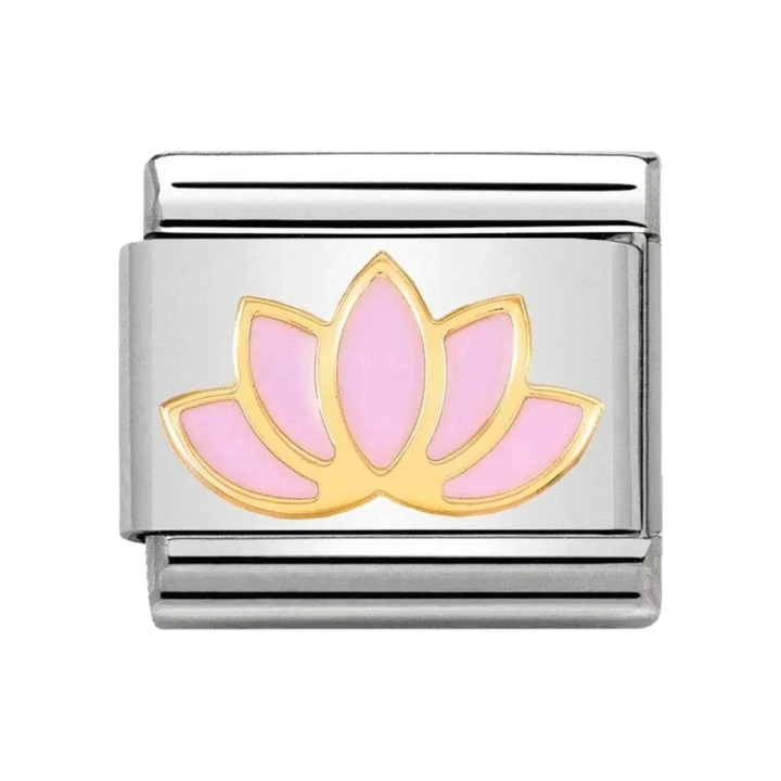 Niche Jewellery Nomination stainless steel charm featuring an 18k gold and pink enamel lotus flower design.