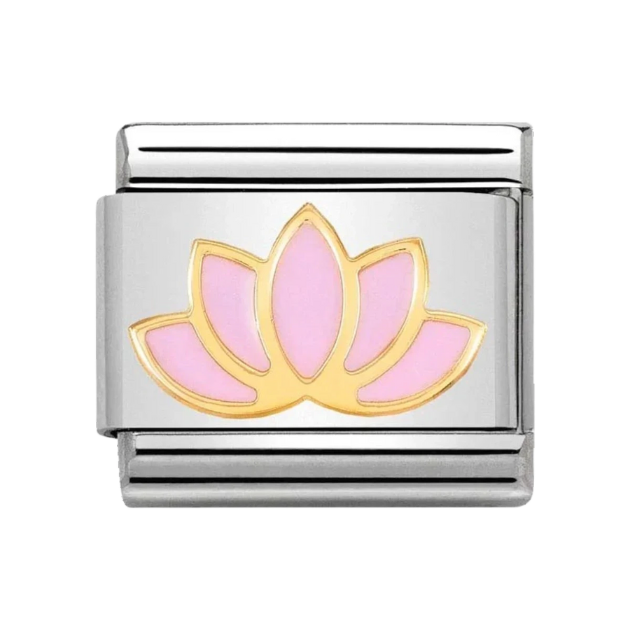 Niche Jewellery Nomination stainless steel charm featuring an 18k gold and pink enamel lotus flower design.