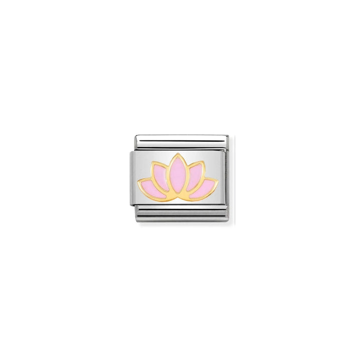 Niche Jewellery Nomination stainless steel charm featuring an 18k gold and pink enamel lotus flower design.