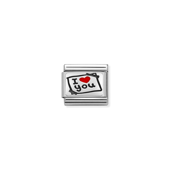 Niche Jewellery Nomination charm featuring a silver note design with a red enamel heart and I Love You text