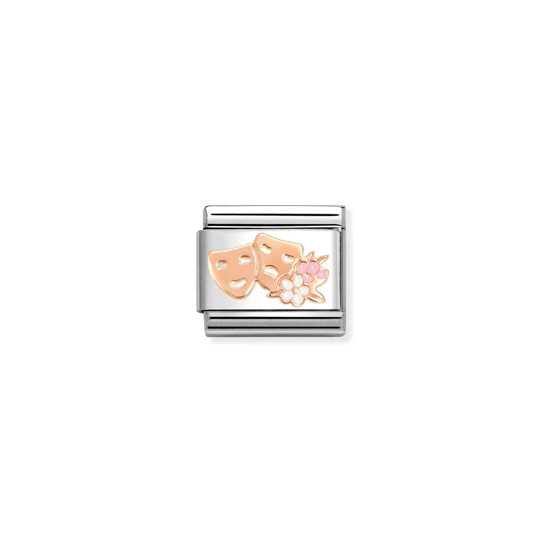 Niche Jewellery Nomination charm featuring rose gold theatre masks and floral enamel on a stainless steel link.