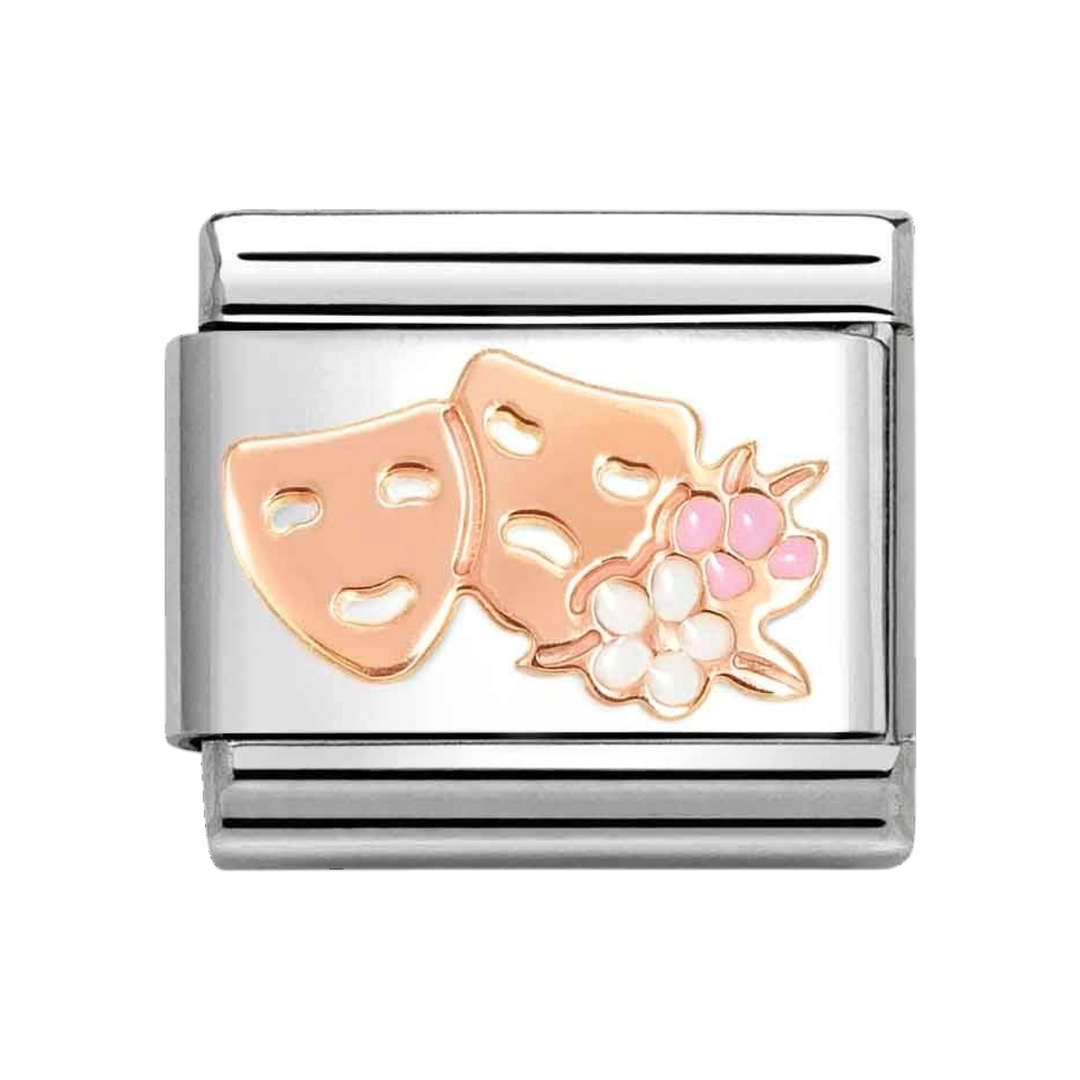 Niche Jewellery Nomination charm featuring rose gold theatre masks and floral enamel on a stainless steel link.