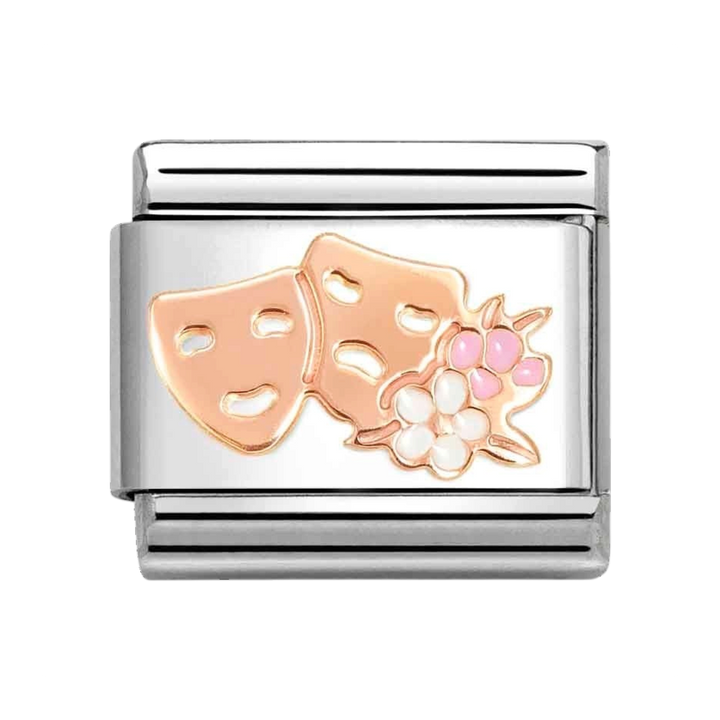 Niche Jewellery Nomination charm featuring rose gold theatre masks and floral enamel on a stainless steel link.