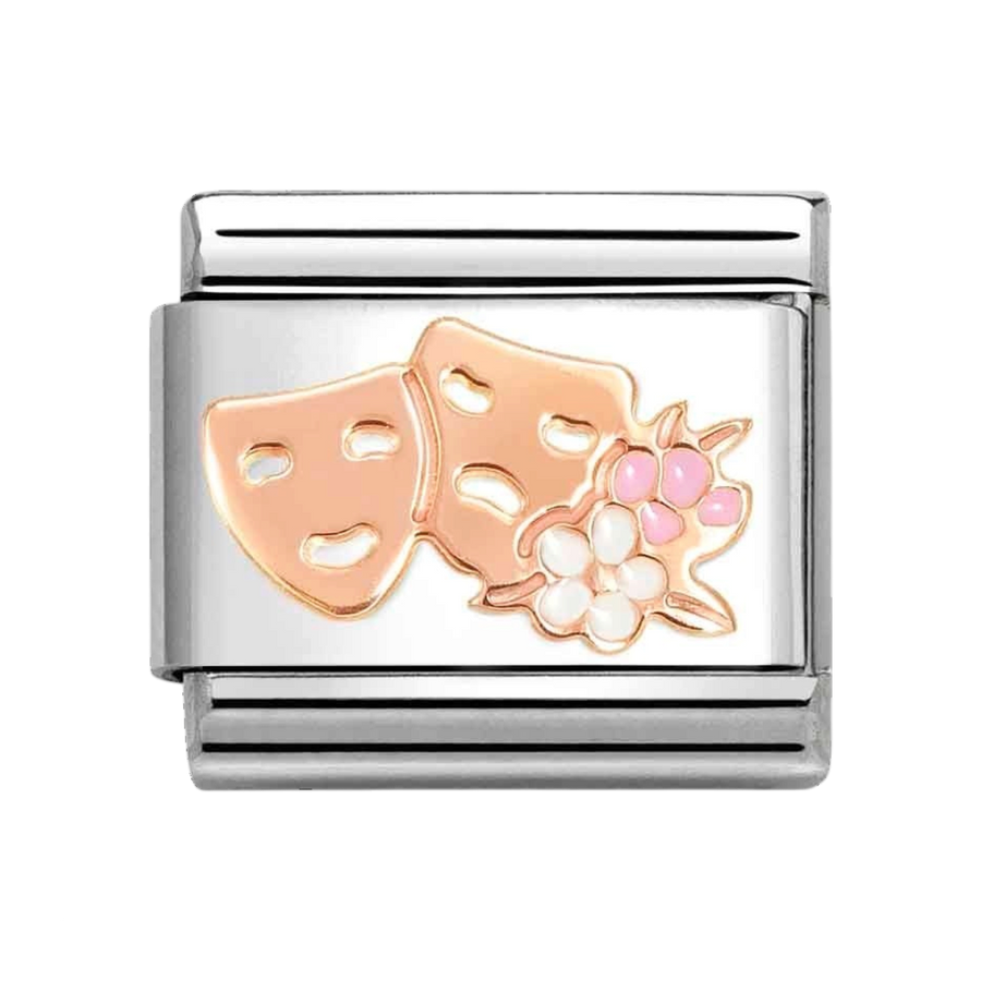 Niche Jewellery Nomination charm featuring rose gold theatre masks and floral enamel on a stainless steel link.
