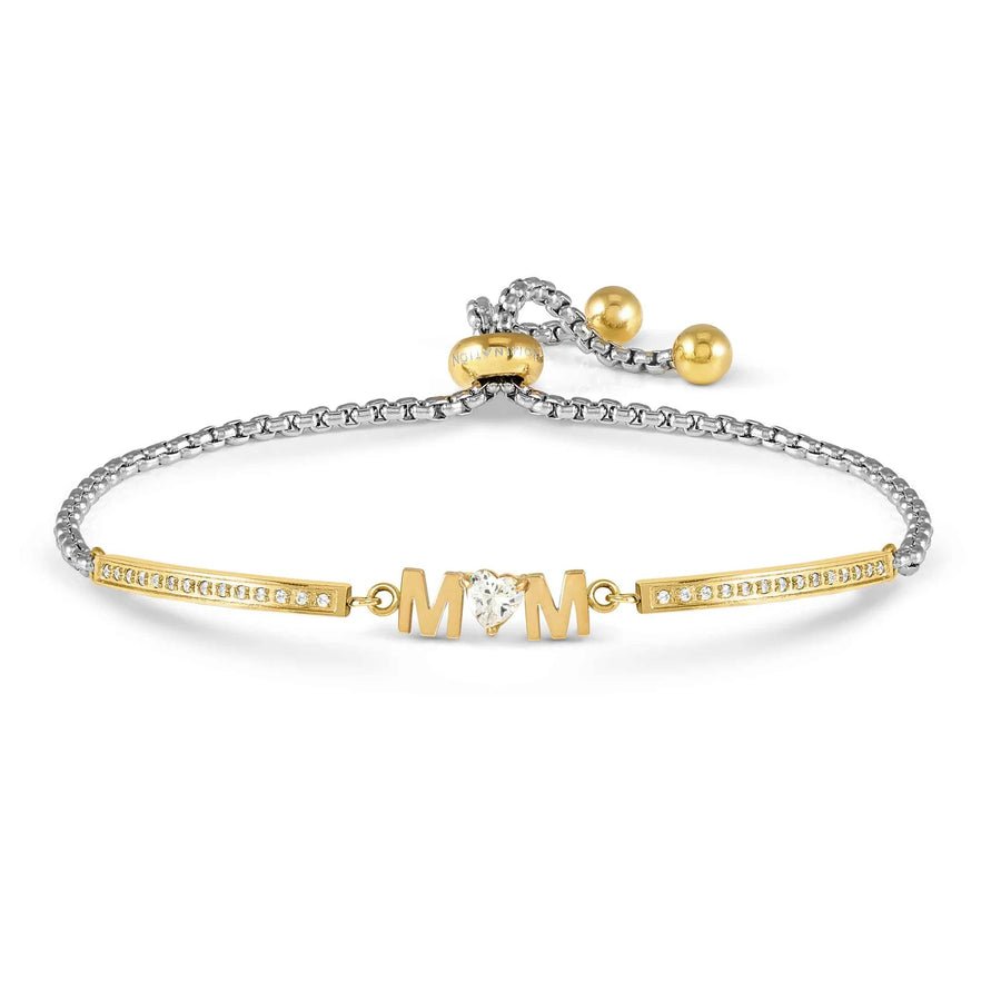 Niche Jewellery Nomination Milleluci slider bracelet in stainless steel and gold with a Mum motif and cubic zirconia.
