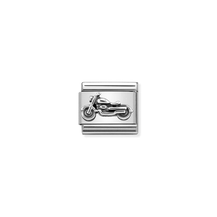 Niche Jewellery Nomination sterling silver and stainless steel vintage motorcycle charm with an oxidised finish.
