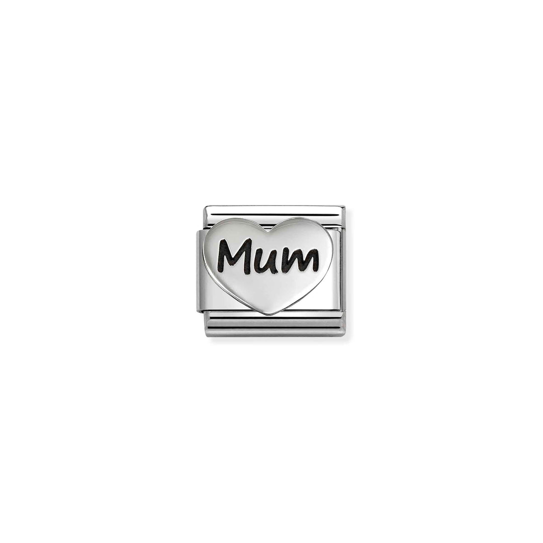 Niche Jewellery Nomination stainless steel charm featuring an oxidised silver heart with the word Mum engraved