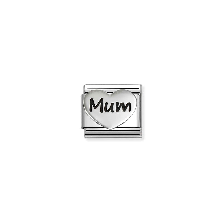 Niche Jewellery Nomination stainless steel charm featuring an oxidised silver heart with the word Mum engraved