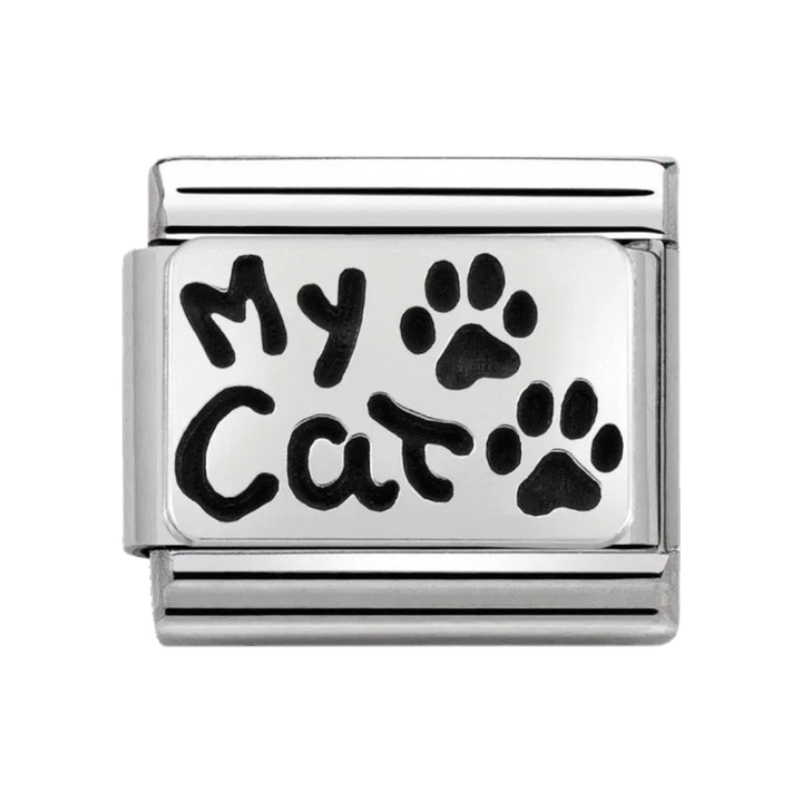Niche Jewellery Nomination stainless steel charm featuring My Cat text and paw prints in oxidised silver finish