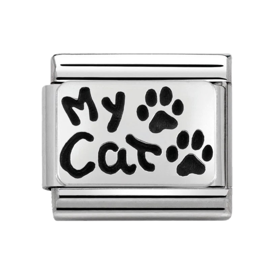 Niche Jewellery Nomination stainless steel charm featuring My Cat text and paw prints in oxidised silver finish
