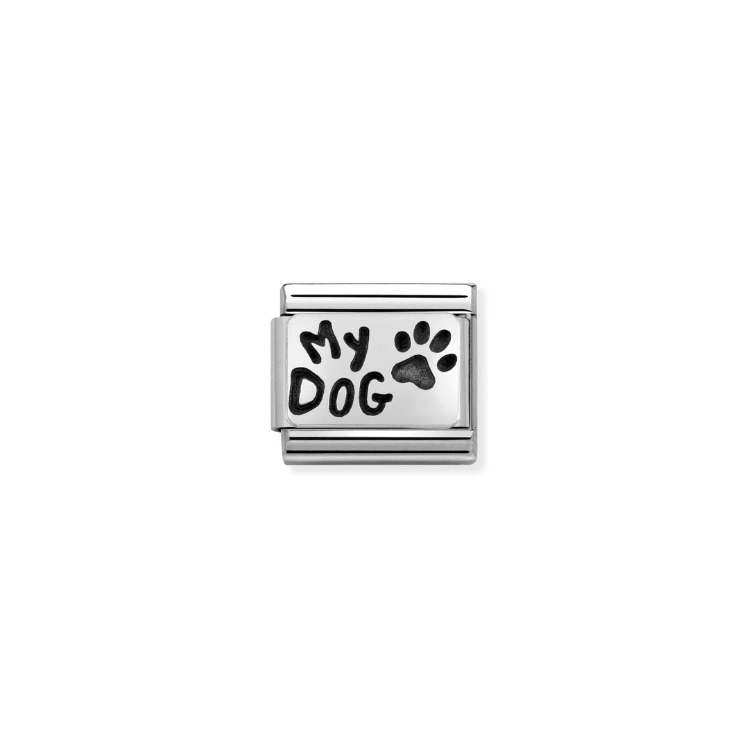 Niche Jewellery Nomination silver charm featuring My Dog text and a black oxidised pawprint design.