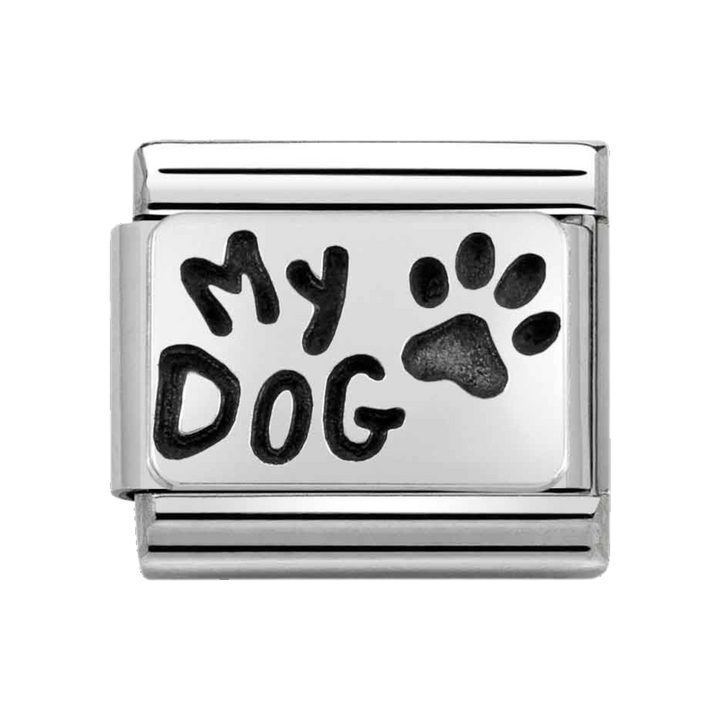 Niche Jewellery Nomination silver charm featuring My Dog text and a black oxidised pawprint for a classic bracelet.