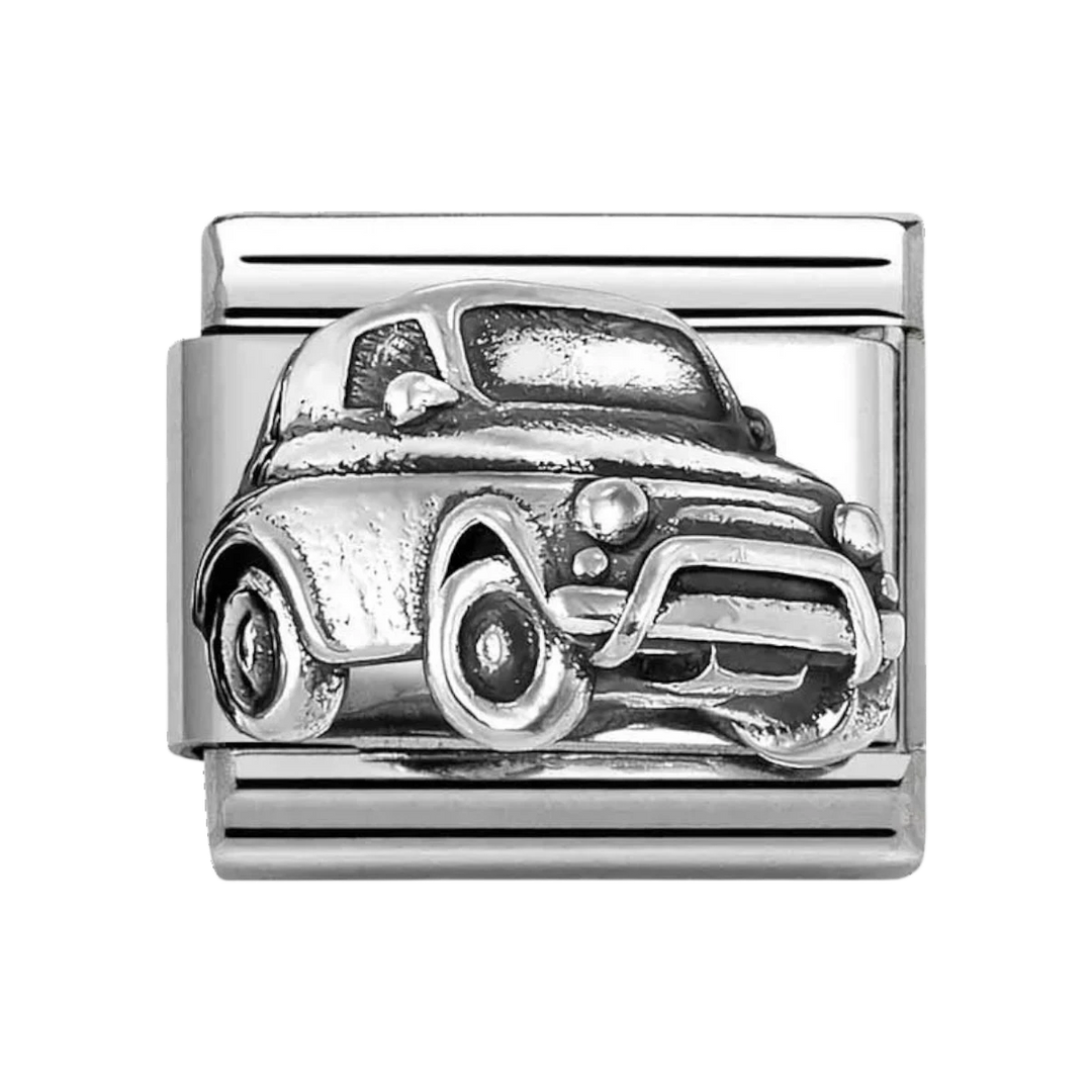 Niche Jewellery Nomination stainless steel charm featuring an oxidised silver classic car design for bracelets.