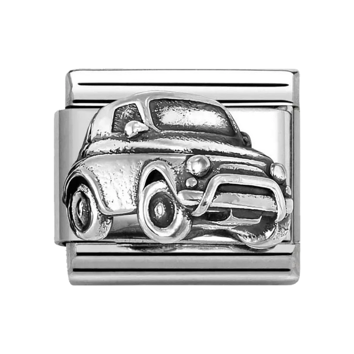 Niche Jewellery Nomination stainless steel charm featuring an oxidised silver classic car design for bracelets.